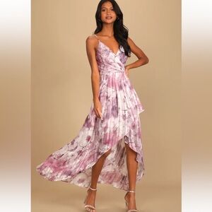 Lulus An Enchanting Dream Purple Multi Print High-Low Maxi Dress size XS